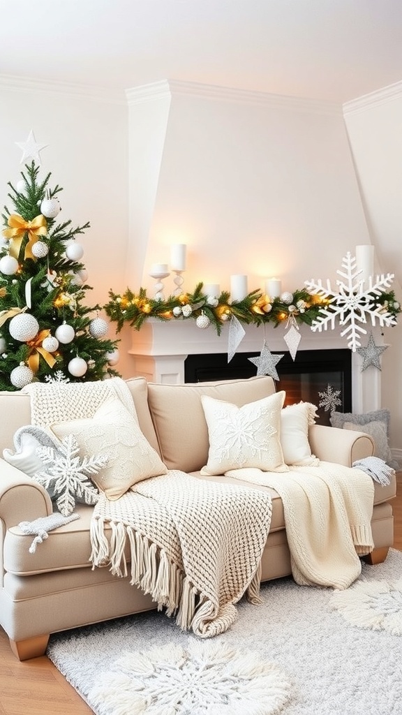 Cozy winter living room with a decorated Christmas tree and soft furnishings.