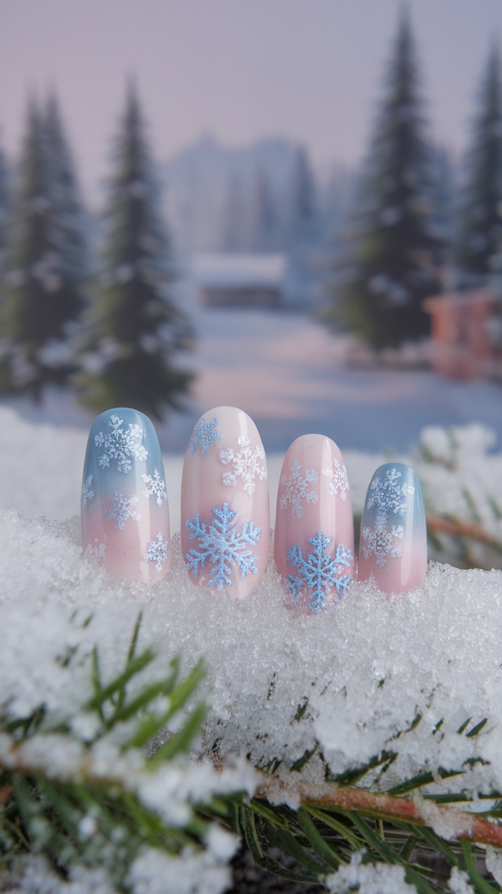 Winter-themed nail art featuring snowflakes on pastel nails