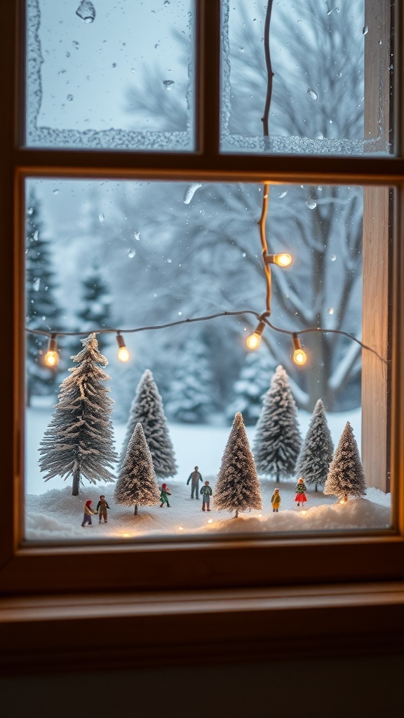 A cozy winter wonderland scene with miniature trees and figures in a window.