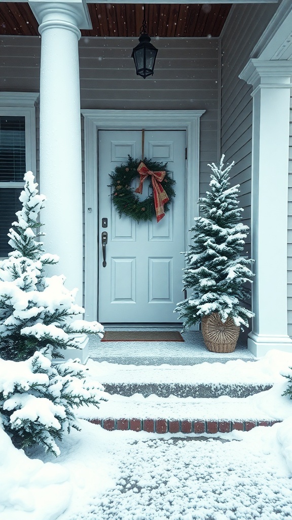 A front porch decorated for Christmas with fake snow, evergreen trees, and a wreath on the door.