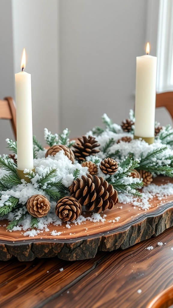 A winter-themed table centerpiece featuring candles, pinecones, and faux snow on a wooden base.