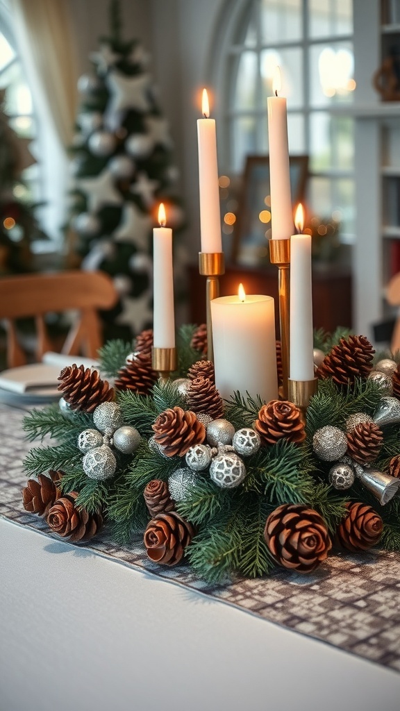 A winter-themed table centerpiece with candles, pinecones, and silver ornaments.
