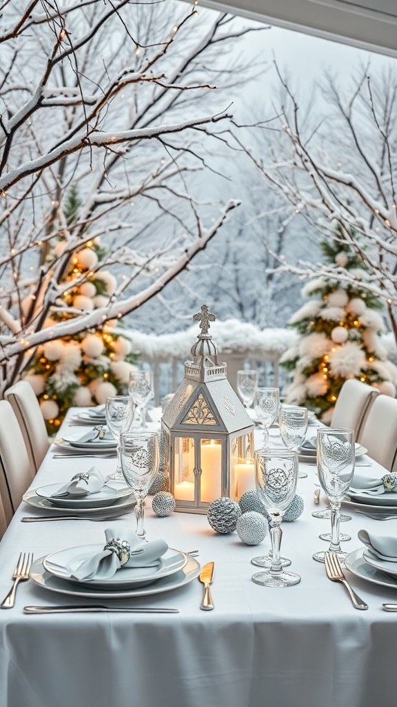 A beautifully set winter wonderland table with a lantern centerpiece and snowy decorations.
