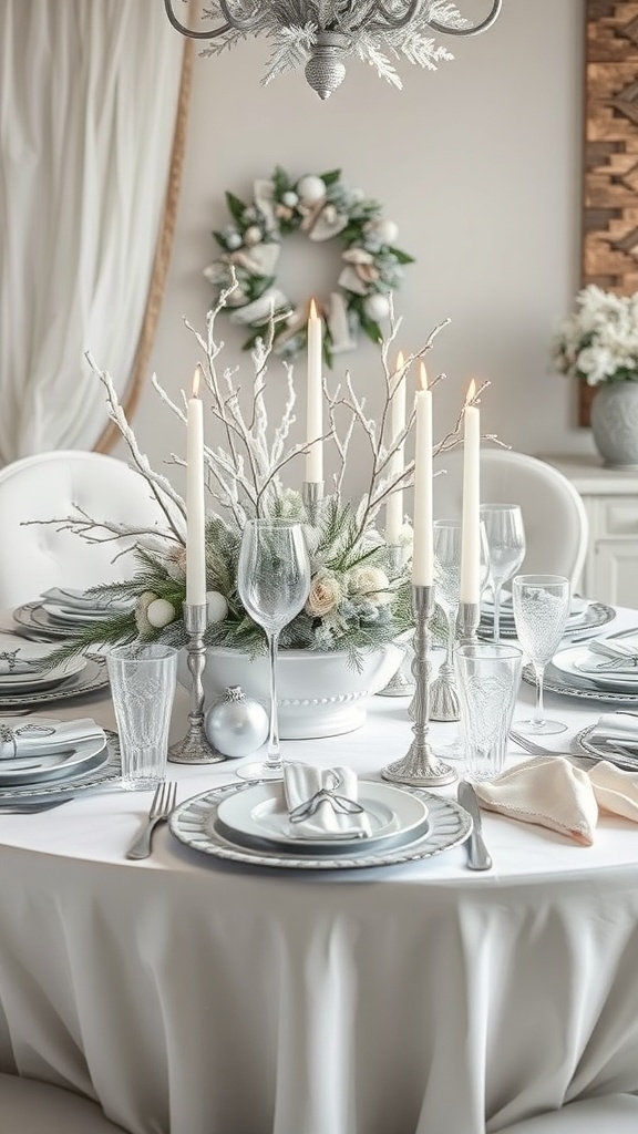 A beautifully set winter wonderland table with white and silver decorations, candles, and natural elements.