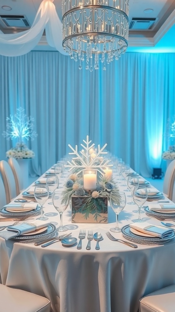 Elegant winter wonderland tablescape featuring a long table with white tablecloth, snowflake decorations, candles, and blue lighting.
