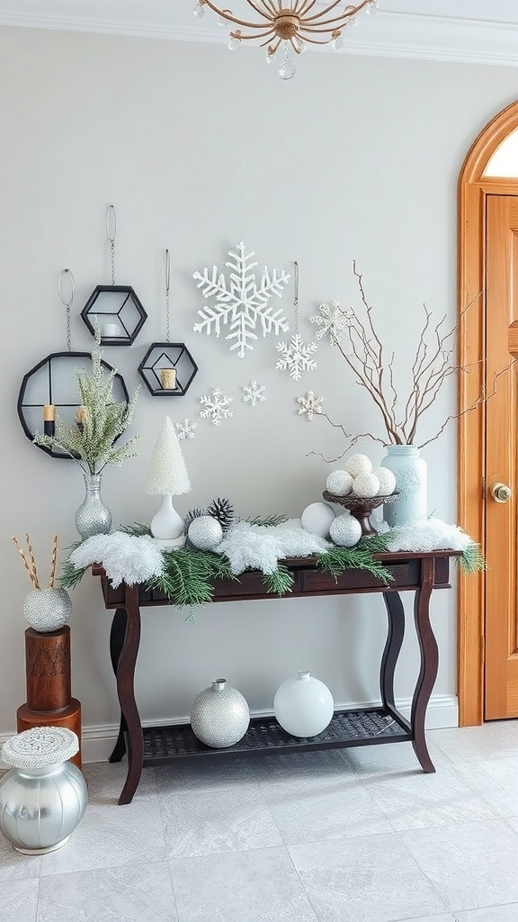 A beautifully decorated entryway table with winter-themed decor, featuring white and silver ornaments, faux snow, and pine branches.