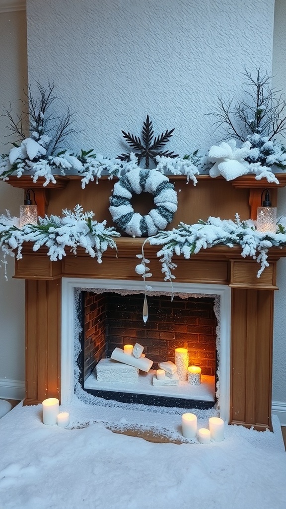 A beautifully decorated winter mantle with faux snow, evergreen branches, and glowing candles.