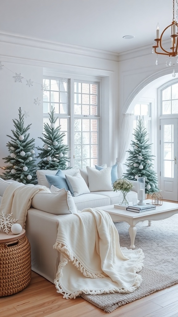 Cozy winter living room with white decor and small Christmas trees