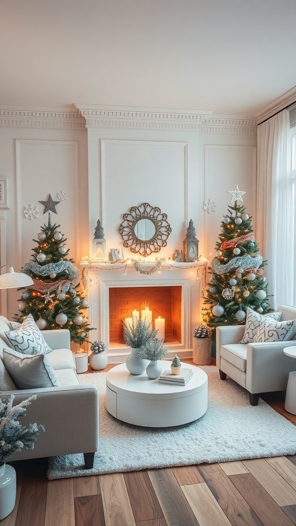 Cozy winter wonderland living room with decorated trees and a fireplace