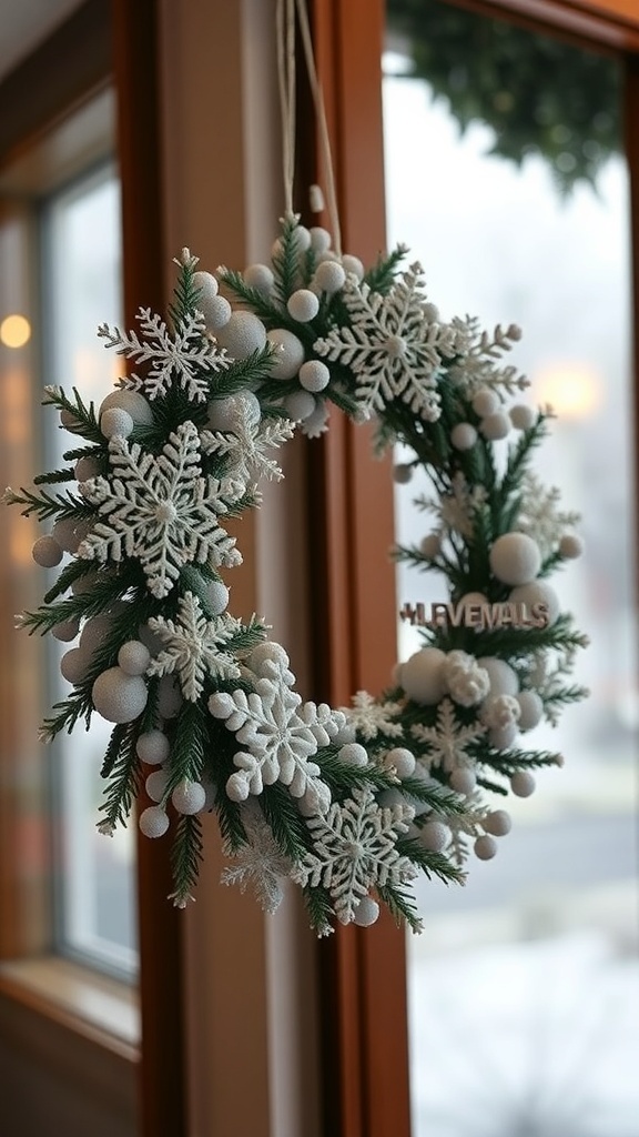 A winter wreath featuring snowflakes and white accents, hanging by a window.