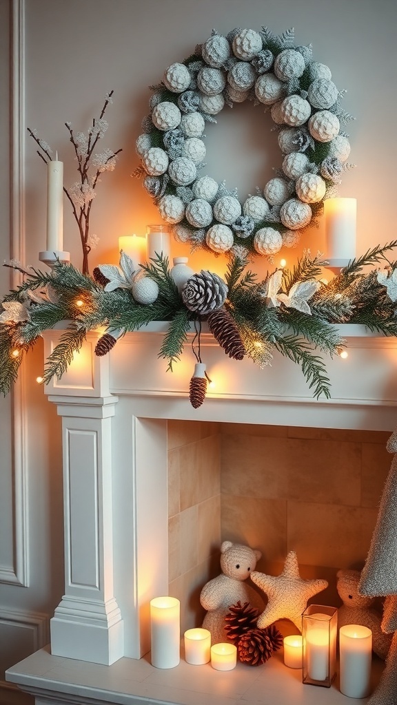 A beautifully decorated mantel with a winter theme, featuring a wreath, candles, and plush toys.