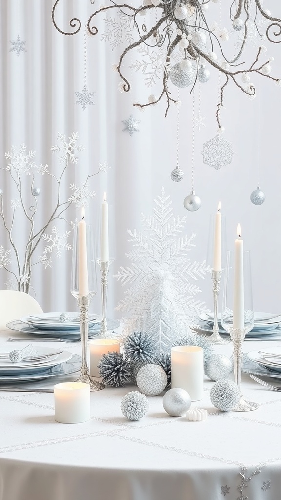 A beautifully decorated Christmas table featuring white and silver elements, including candles, ornaments, and snowflake decorations.