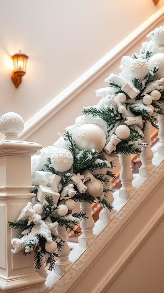A beautifully decorated banister with white ornaments and greenery, creating a winter wonderland theme.