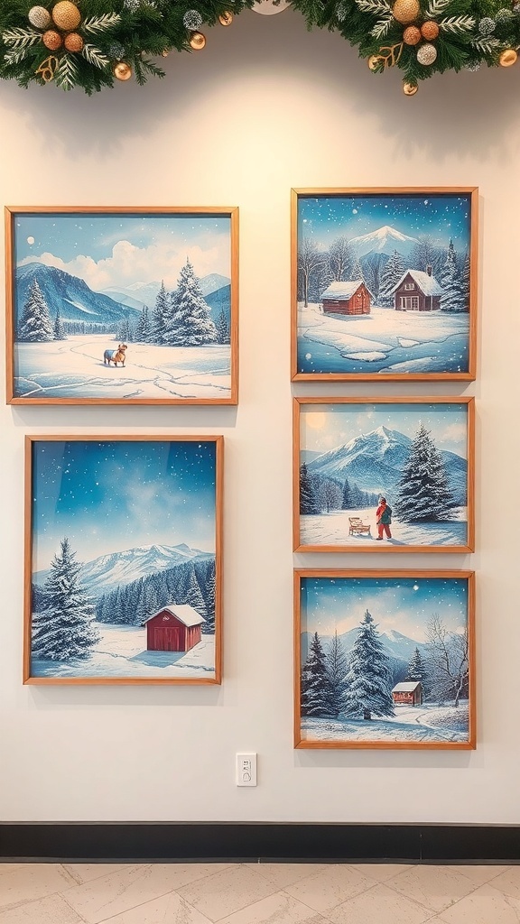 A collection of winter-themed wall art featuring snowy landscapes and cozy cabins.