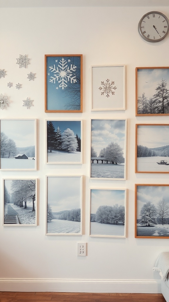 A wall decorated with winter-themed art, featuring snowy landscapes and snowflake designs.