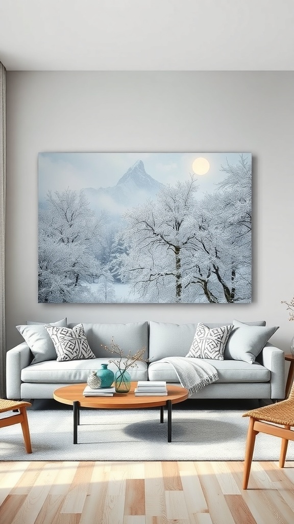 A cozy living room featuring winter-themed wall art with a snowy landscape.