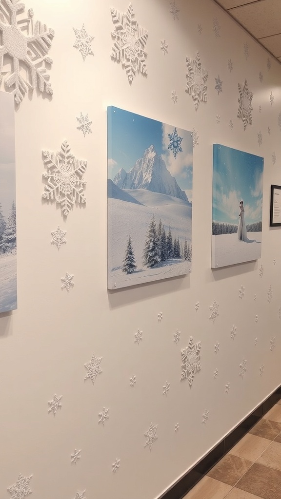Wall decorated with winter-themed art and snowflake designs.
