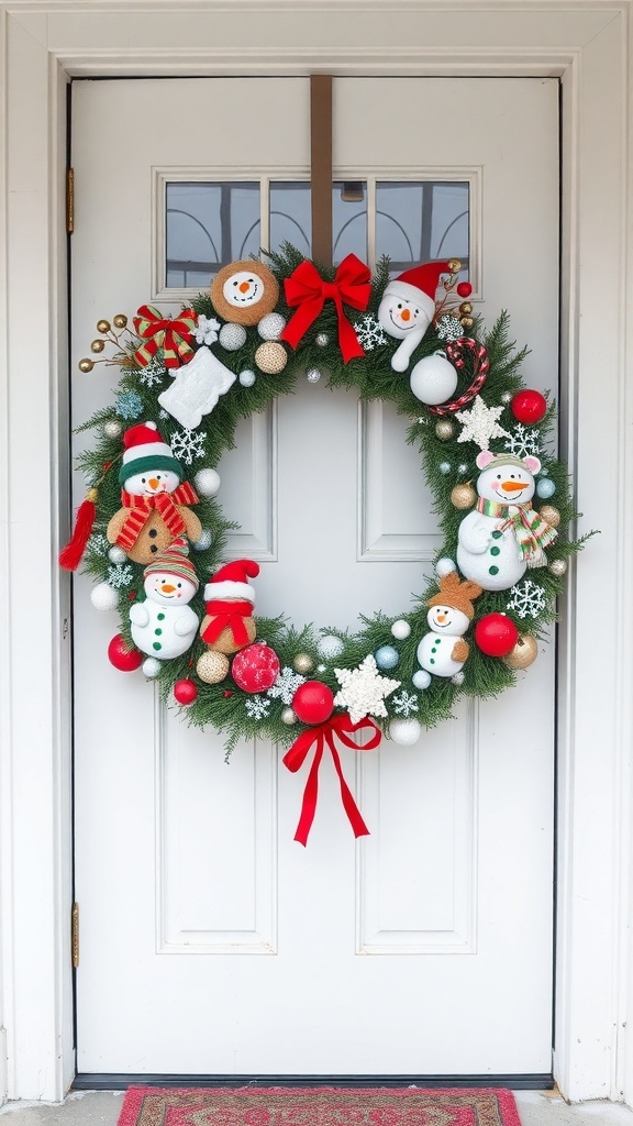 A colorful winter wreath featuring snowmen, red bows, and festive decorations on a front door.