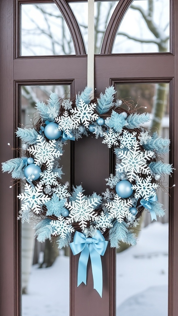 A winter wreath with snowflakes and blue ornaments hanging on a front door.