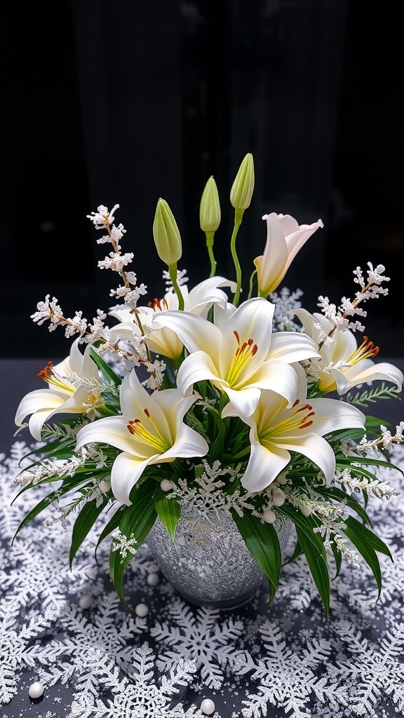 A floral centerpiece featuring white lilies and delicate accents on a snowflake-patterned tablecloth.