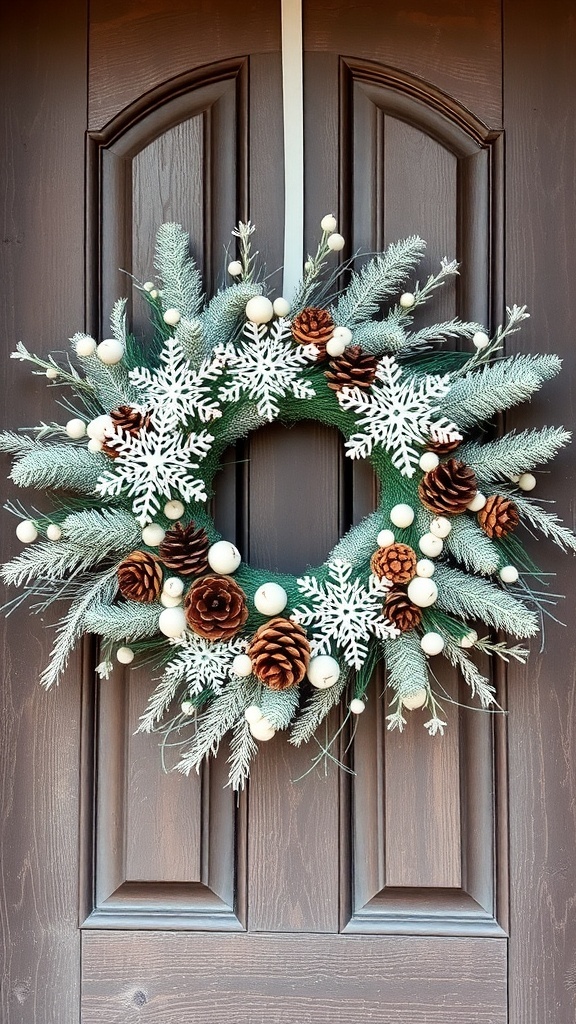 A winter wreath featuring pinecones, snowflakes, and white berries on a wooden door.