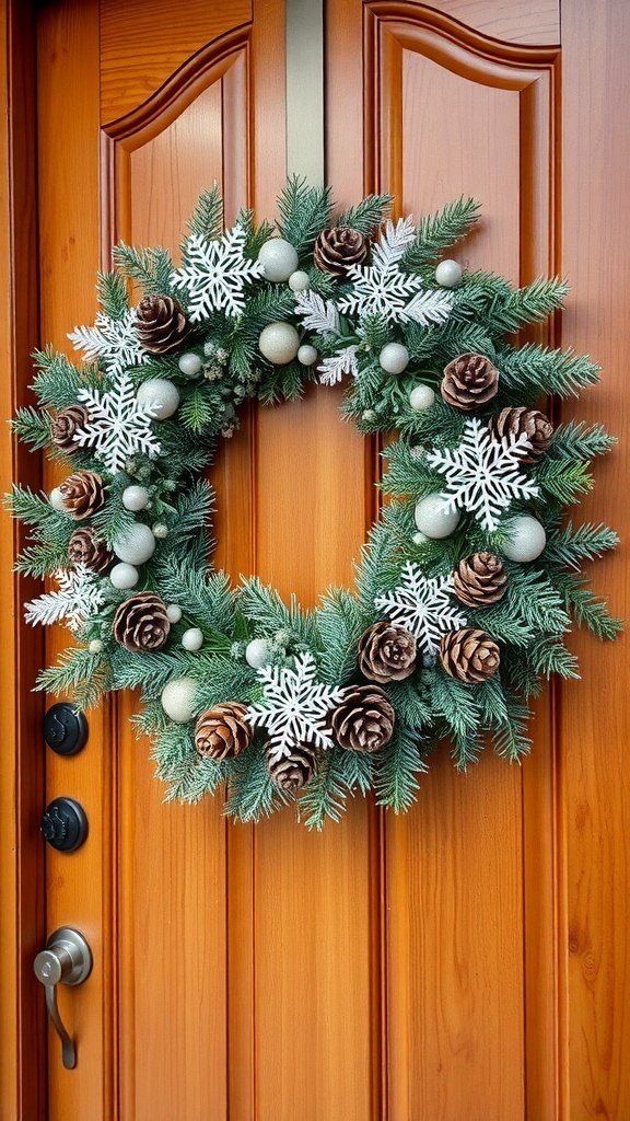 A winter wreath featuring pinecones, snowflakes, and green foliage, hanging on a wooden door.