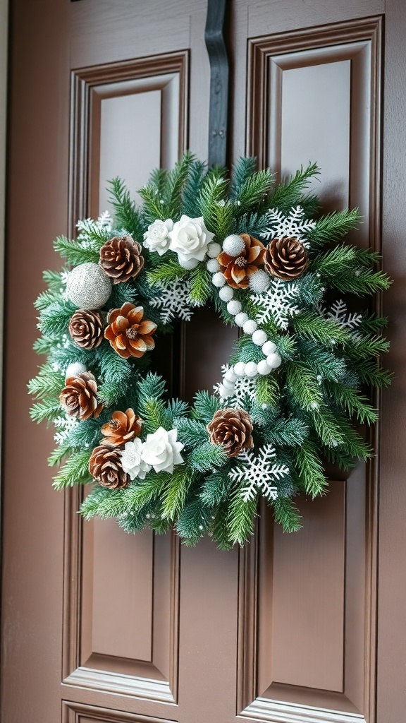 A winter wreath with pinecones, white flowers, and snowflakes on a brown door.
