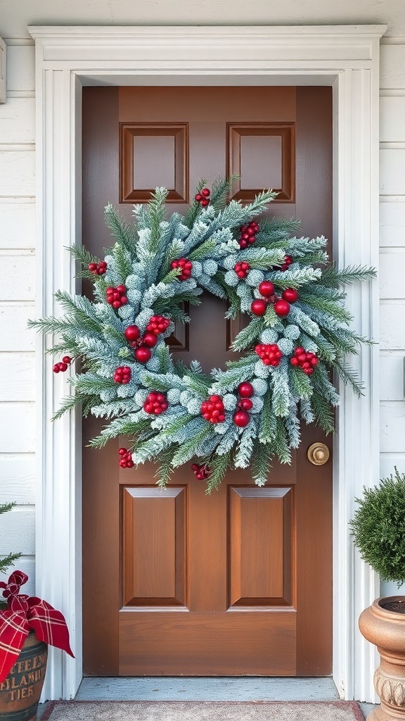 A winter wreath made of frosted greenery and red berries on a brown door.