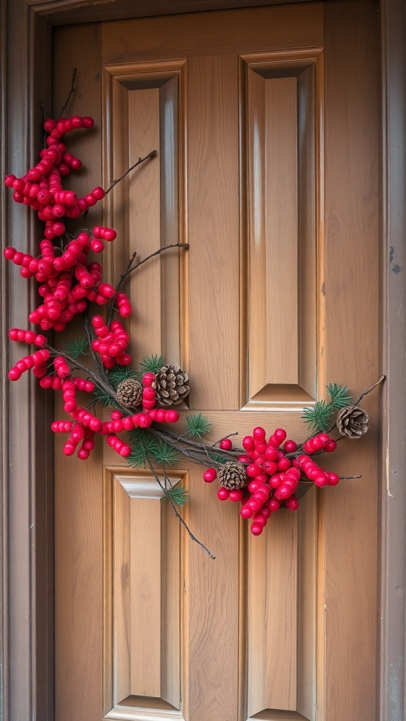 A front door decorated with red winterberries and pinecones.