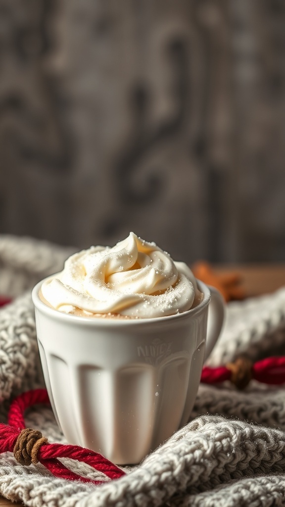 A cozy cup of hot chocolate topped with whipped cream, surrounded by a knitted blanket.