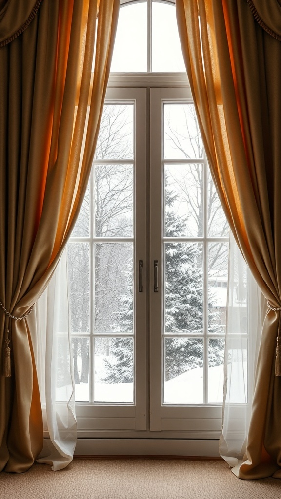 Cozy window with layered curtains and a snowy view outside.