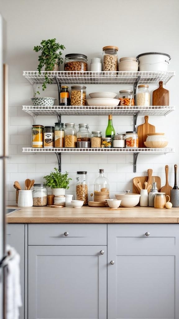 Wire shelving in a kitchen displaying jars, containers, and wooden utensils.