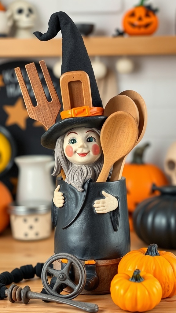A whimsical witch-themed utensil holder with wooden cooking tools, surrounded by Halloween decorations.