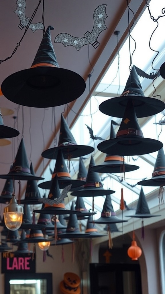 A collection of hanging witch hats with bats in a decorated room for Halloween.