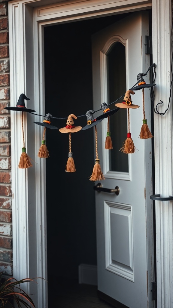 A decorative garland featuring witch hats and broomsticks, hanging by a door.
