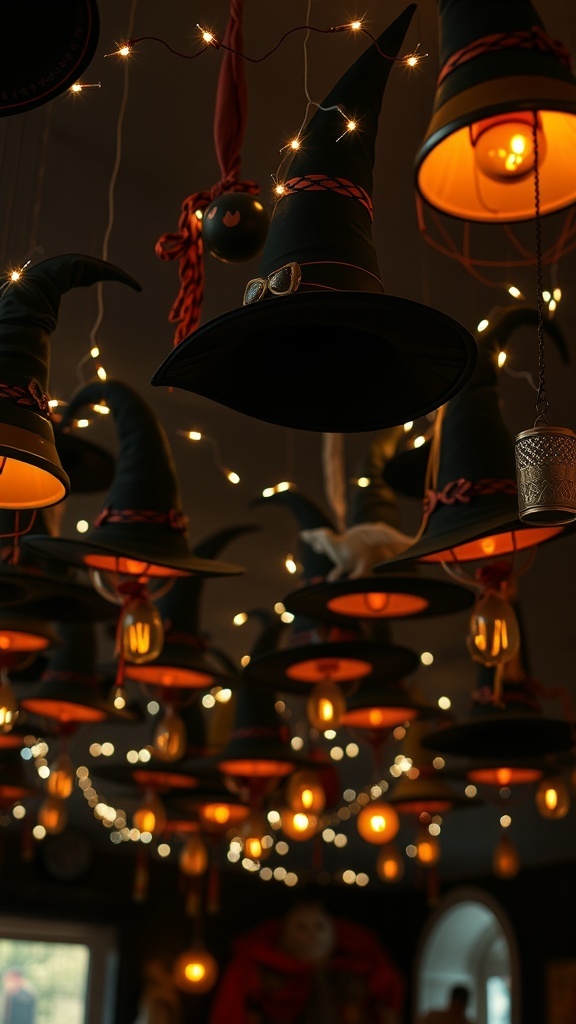 Hanging witch hats with lights for Halloween decor