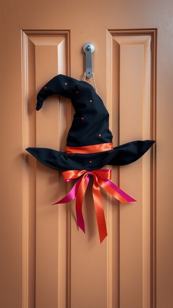 A black witch hat door hanger with an orange ribbon, hanging on a brown door.