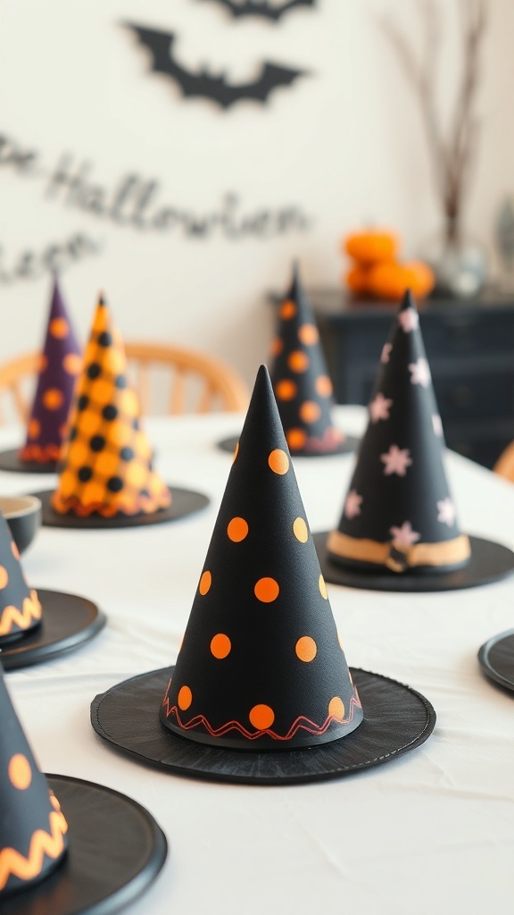 Colorful witch hat party hats on a table, decorated with polka dots and designs for Halloween.