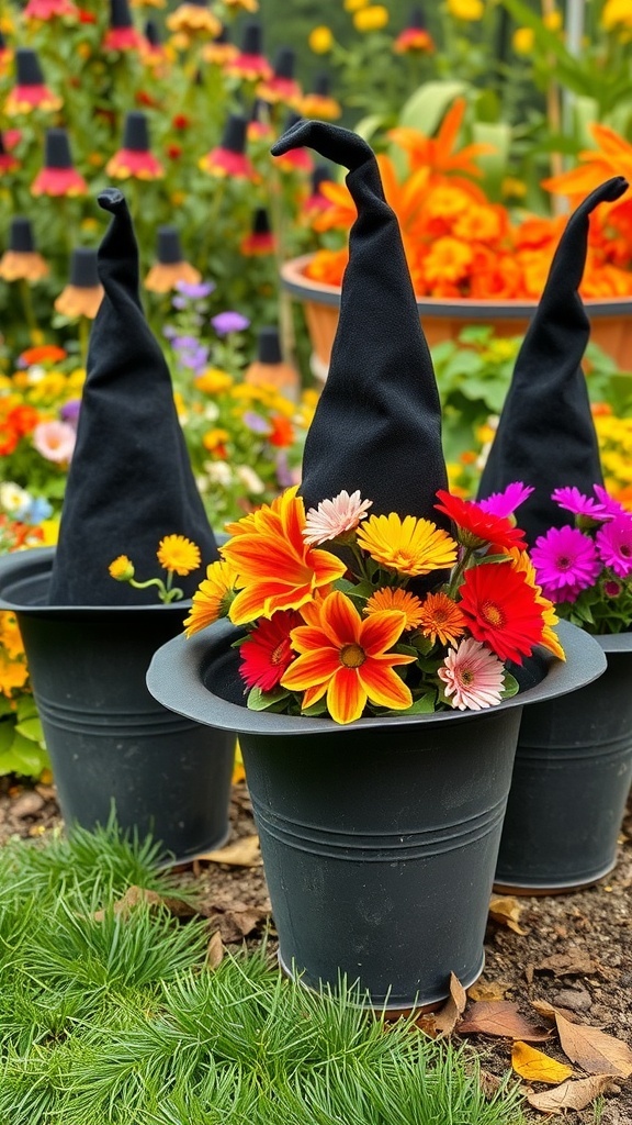 Witch hat plant holders with colorful flowers in a Halloween garden