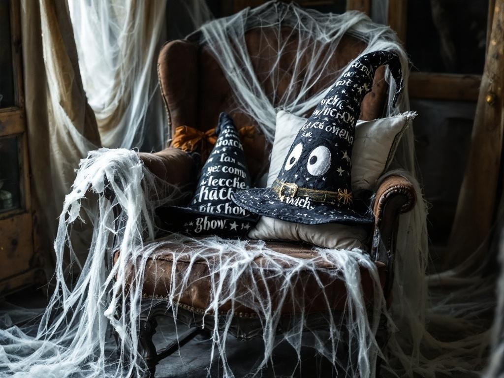 A cozy armchair with witch hat throw pillows and cobwebs for Halloween decor.