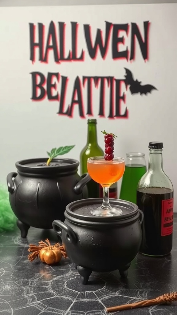 A Halloween-themed beverage station featuring black cauldrons, a colorful cocktail, and spooky decorations.