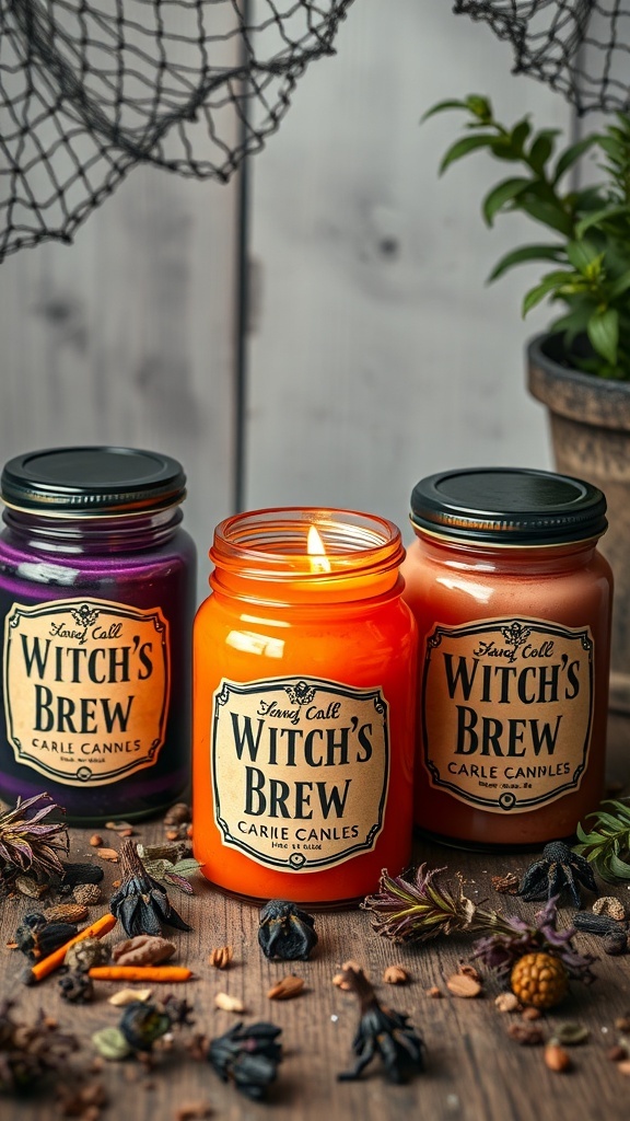 Three Witch's Brew candle jars in orange, purple, and black, surrounded by dried herbs and spices.