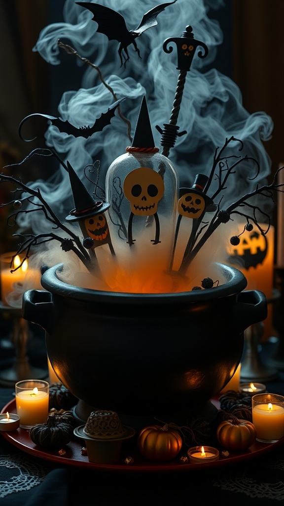 A spooky Halloween centerpiece featuring a bubbling cauldron surrounded by bats, skeletons, and candles.