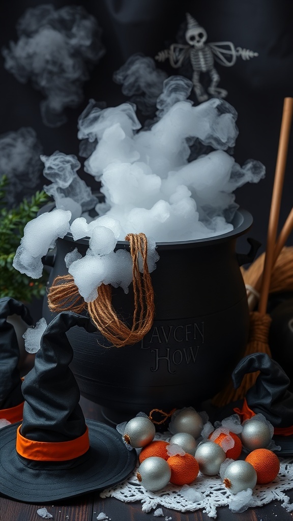 A bubbling cauldron with smoke, surrounded by witch hats and colorful ornaments for Halloween decoration.