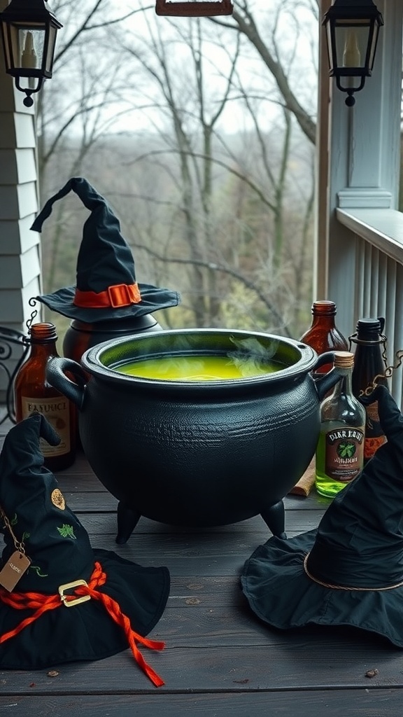 A Halloween-themed porch featuring a bubbling cauldron, witch hats, and potion bottles.