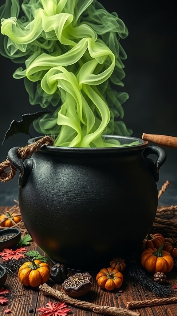 A black cauldron with green smoke, surrounded by pumpkins and autumn leaves.