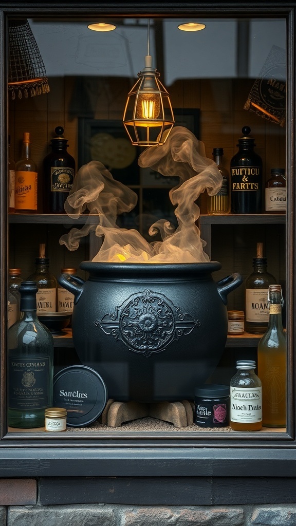 A Halloween window display featuring a black cauldron with smoke, surrounded by potion bottles.
