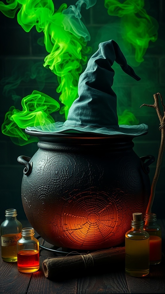 A black cauldron with a witch's hat, glowing orange from within, surrounded by potion bottles and green smoke.