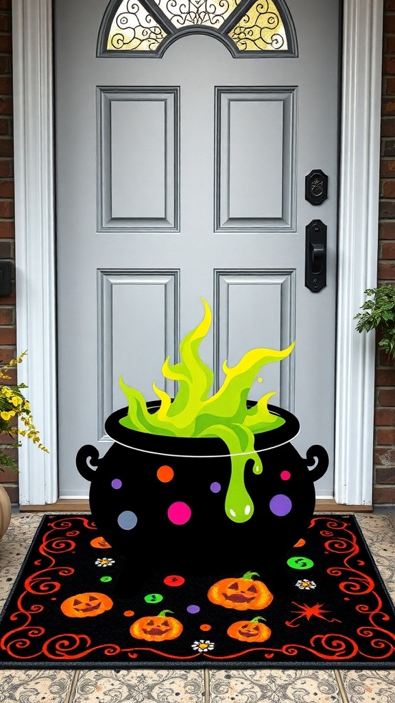 A Halloween door mat featuring a black cauldron with green potion and colorful pumpkins.