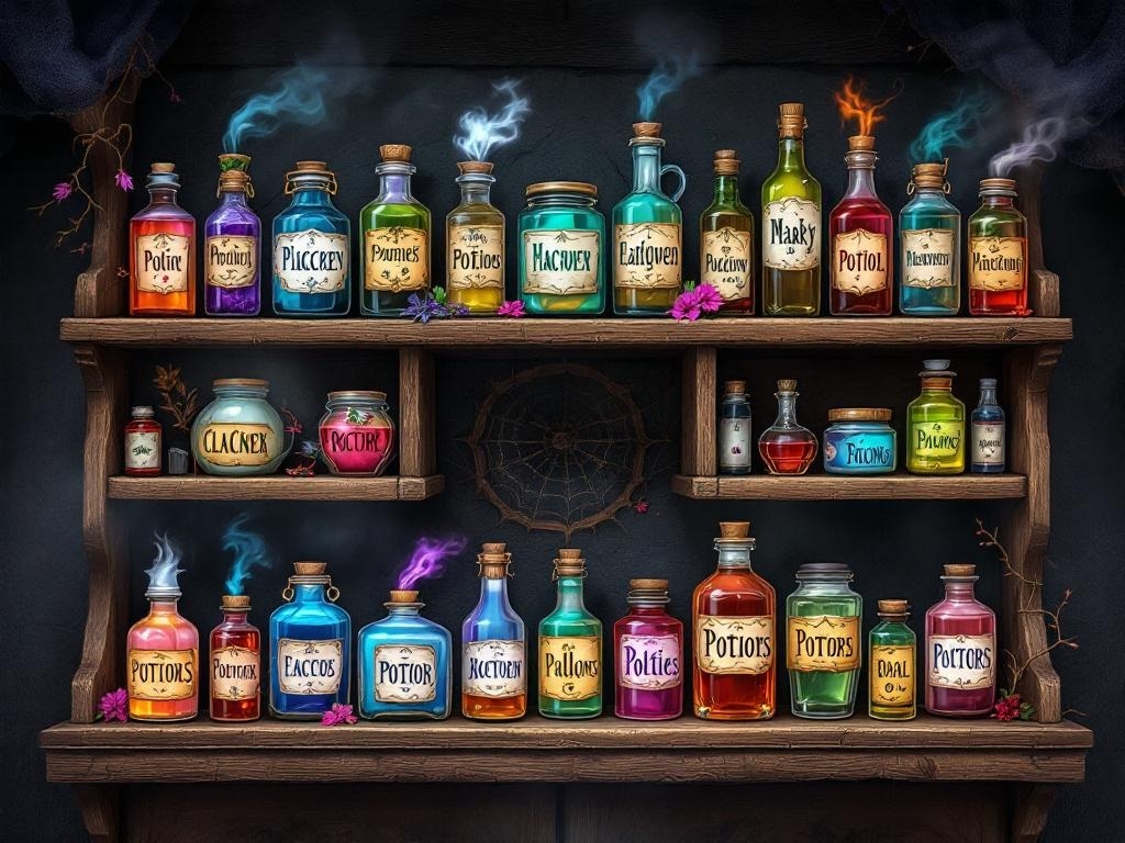 A collection of colorful potion bottles on a wooden shelf, each with unique labels and some emitting smoke.